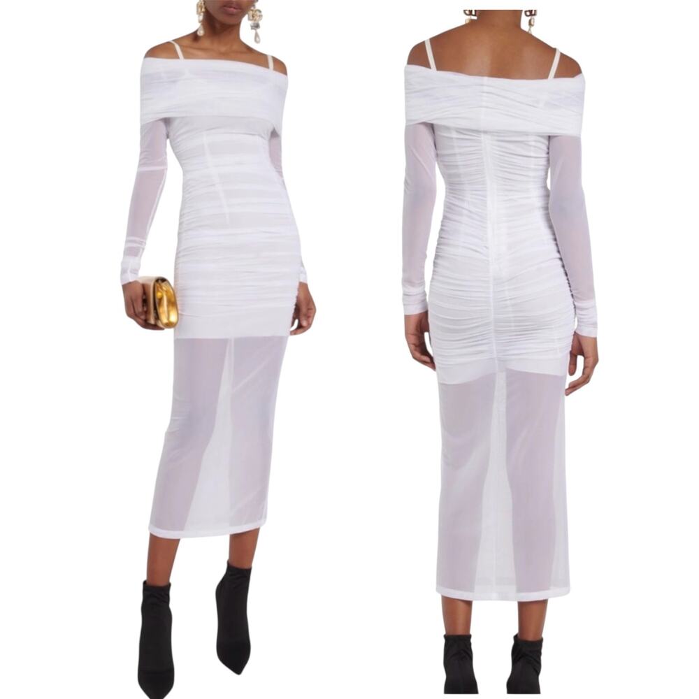 New Dolce & Gabbana x Kim Tulle Sheer Off Shoulder Midi Dress White Size 46